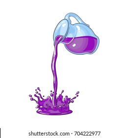 vector purple fresh juice carafe, pitcher with flowing juice splash. Isolated cartoon illustration on a white backround. Kitchen glassware utensil