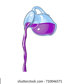 vector purple fresh juice carafe, pitcher with flowing juice. Isolated cartoon illustration on a white backround. Kitchen glassware utensil