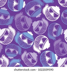 Vector purple garden tea party kettles seamless pattern background. Perfect for fabric, scrapbooking, wallpaper, crafty projects.