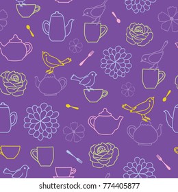 Vector purple garden tea party seamless pattern background. Perfect for fabric, scrapbooking, wallpaper projects. 