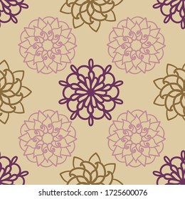 Vector purple geometrical flower mandala seamless pattern background. Perfect for fabric, wallpaper, scrapbook, packaging projects.