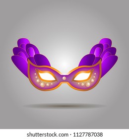 Vector purple and gold carnival mask with feathers and beads