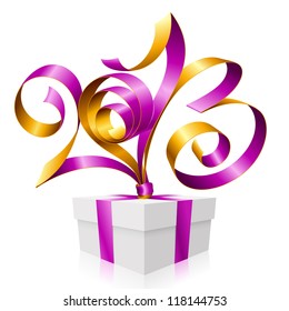 Vektorviolett- und Goldband in Form von 2013 und Geschenkbox. Symbol des neuen Jahres