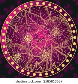 Vector purple and golden gradient frame with vintage floral pattern
