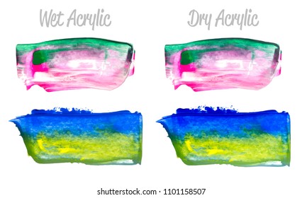 Vector purple green blue yellow paint smear stroke stain set. Abstract acrylic textured art illustration. Acrilyc Texture Paint Illustration. Hand drawn brush strokes vector elements. Acrilyc strokes.