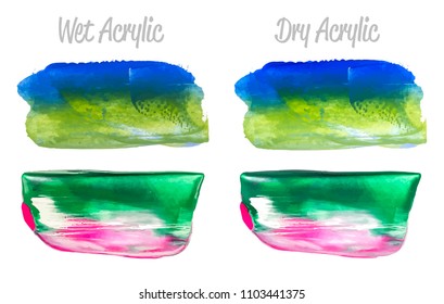 Vector purple green blue yellow paint smear stroke stain set. Abstract acrylic textured art illustration. Acrilyc Texture Paint Illustration. Hand drawn brush strokes vector elements. Acrilyc strokes.