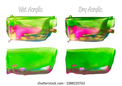 Vector purple and green paint smear stroke stain set. Abstract acrylic textured art illustration. Acrilyc Texture Paint Illustration. Hand drawn brush strokes vector elements. Acrilyc strokes.