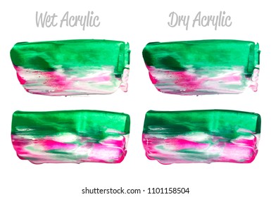 Vector purple and green paint smear stroke stain set. Abstract acrylic textured art illustration. Acrilyc Texture Paint Illustration. Hand drawn brush strokes vector elements. Acrilyc strokes.