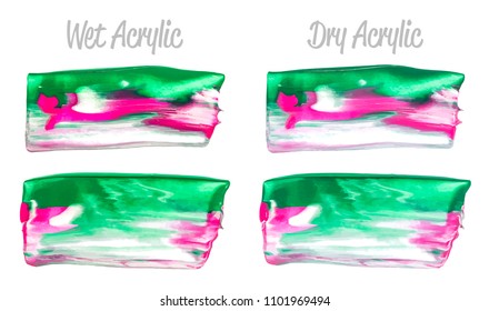Vector purple and green paint smear stroke stain set. Abstract acrylic textured art illustration. Acrilyc Texture Paint Illustration. Hand drawn brush strokes vector elements. Acrilyc strokes.