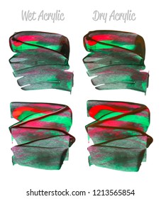 Vector purple and green paint smear stroke stain set. Abstract acrylic textured art illustration. Acrilyc Texture Paint Illustration. Hand drawn brush strokes vector elements. Acrilyc strokes.