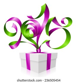 Vector purple green ribbon in the shape of 2015 and gift box. Symbol of New Year