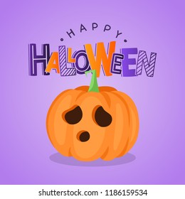 Vector purple greeting card with pumpkin head. Happy Halloween