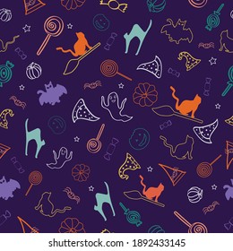 Vector purple Halloween party seamless pattern background. Perfect for fabric, scrapbooking, home decor, packaging, invitation cards