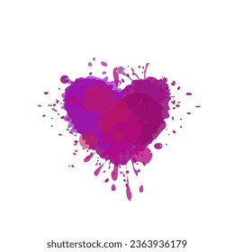 Vector purple heart with paint sprays. Colourful heart shape with paint stains isolated on white. 