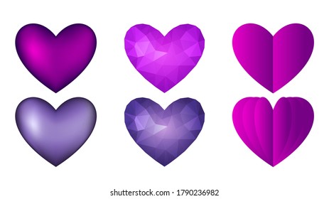 Vector purple hearts icons set. Vector 3D illustration.Vector collection of purple hearts on white background