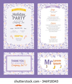 Vector Purple Holiday Party Invitation Set With Holly Berry Pattern Frame. Invite menu thank you placement card 