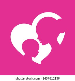 Vector purple icon heart with silhouette mother and baby on purple background
