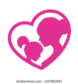 Vector purple icon heart with silhouette mother and little girl. Isolated on white background