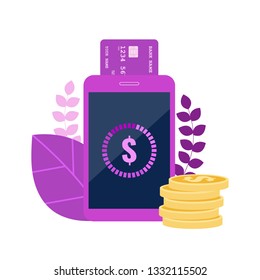 Vector purple illustration Online banking landing page. Payments using the smartphone application and credit card information of a bank account. Isolated from white background.