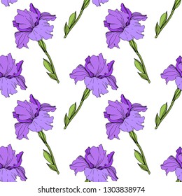 Vector Purple iris floral botanical flower. Wild spring leaf wildflower isolated. Engraved ink art. Seamless background pattern. Fabric wallpaper print texture.
