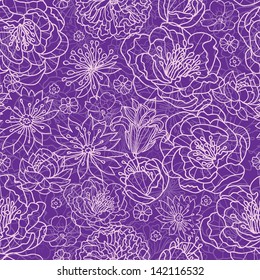 Vector purple lace flowers elegant seamless pattern background with hand drawn line art floral elements.