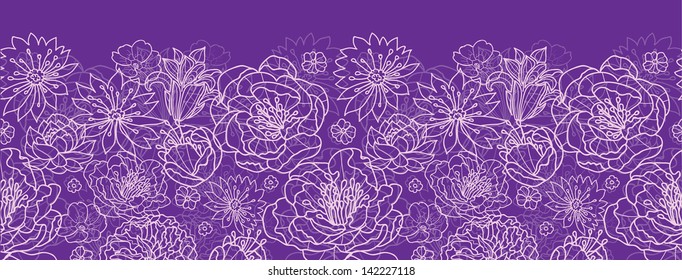 Vector purple lace flowers elegant horizontal seamless pattern background border with hand drawn line art floral elements.