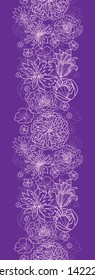 Vector purple lace flowers elegant vertical seamless pattern background border with hand drawn line art floral elements.