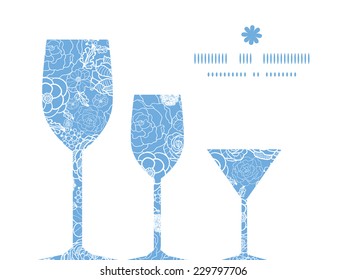 Vector purple lace flowers three wine glasses silhouettes pattern frame
