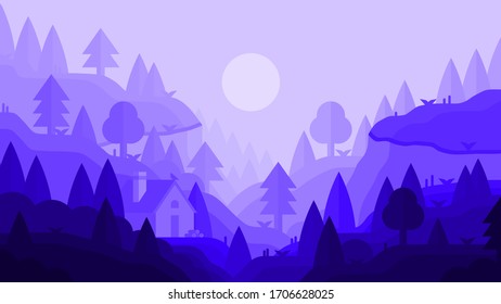 Vector purple landscape, house, sun and tree, illustration