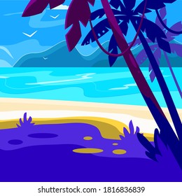 vector purple landscape of a tropical beach by the sea, ocean, lake against the background of cloudy sky and mountains, flying seagulls, vacation on the warm coast, silhouettes of palm trees, sandy 