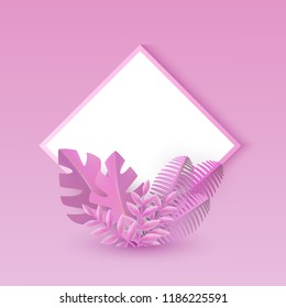 Vector purple leaves abstract pattern in rhombus frame on light pink background. Floral element for wedding, valentines day and dating design. Hand drawn plants for romantic decoration.