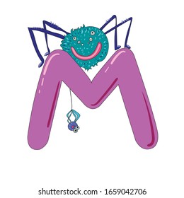 
Vector Purple letter M on which a spider sits, alphabet for children