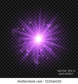 Vector purple light effect. Abstract background with shiny sparkles and glitter dust. Glowing bright flare with de-focused bokeh lights.