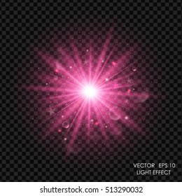 Vector purple light effect. Abstract background with blurred shiny sparkles and glitter dust. Glowing bright flare with de-focused bokeh lights.