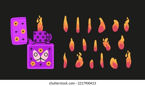 Vector purple lighter with cool colorful print. Gasoline Lighter and Burning Flame Icon Set Closeup Isolated. Fire from a Lighter. Design Template of Lighter Flame. Front View