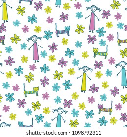 Vector purple lime teal girl cat and flowers. Seamless pattern white background. Perfect for the kids market - use on fabric, scrapbooking and wallpaper projects