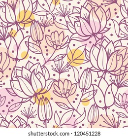 Vector purple line art flowers golden seamless pattern background with hand drawn line art floral elements.
