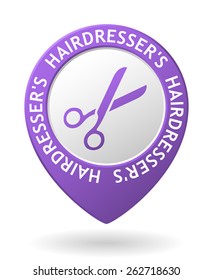 vector purple map pointer with hairdresser's icon