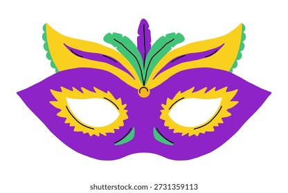 Máscara de mardi gras roxo vetorial com pena amarela e verde. Acessório de fantasia de máscaras de carnaval festivo para festa, desfile, celebração de feriado, convite, cartaz, banner, design de mídia social.