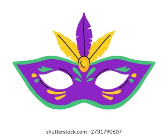 Vetor roxo mardi gras máscara com pena amarela e guarnição verde. Acessório de fantasia de máscaras de carnaval festivo para festa, desfile, celebração de feriado, convite, cartaz, banner, design de mídia social.