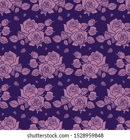 Vector purple monochrome roses and berries seamless pattern. Perfect for fabric, scrapbooking and wallpaper projects.