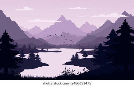 Vector purple mountain landscape with clean sky, birds flying, calm river and tree silhouettes
