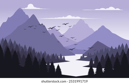 Vetor roxo paisagem de montanha com céu limpo, rio calmo, pássaros voando e silhuetas de pinheiros
