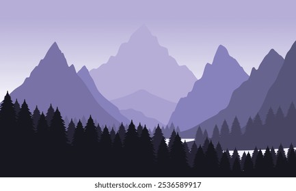 Vector purple mountain landscape with clean sky, calm river and pine trees silhouettes