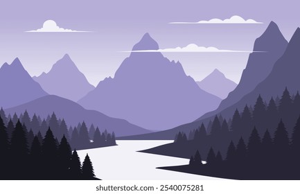 Vector purple mountain landscape with clean sky, calm river and pine trees silhouettes