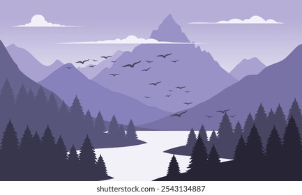 Vector púrpura paisaje montañoso con cielo limpio, río tranquilo, pájaros volando y siluetas de pinos
