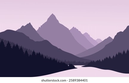 Vector purple mountain landscape with clean sky, calm river and pine trees silhouettes