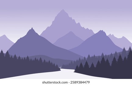 Vector purple mountain landscape with clean sky, calm river and pine trees silhouettes