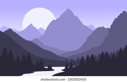 Vector purple mountain landscape with clear sky, sunset behind the mountains and silhouettes of trees and calm lake water