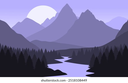 Vector purple mountain landscape with clear sky, sunset behind the mountains and silhouettes of trees and calm lake water